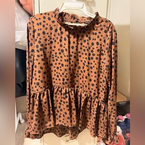 Brown and Black Spotted Ruffle Blouse